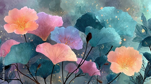   Pink and blue flower watercolor on blue-pink canvas with splattered paint on the left