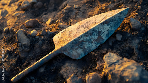 Ancient rusty iron spearhead on rocky terrain