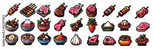 A set of Pixel-style food Assets set featuring meat goats, meat cuts, and colorful traditional dishes Eid vibes in 8-bit.