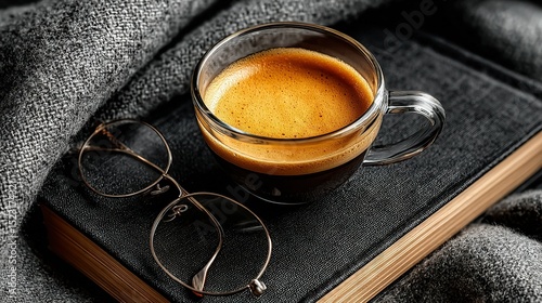   A close-up shot of a book with a steaming coffee cup resting beside a pair of glasses