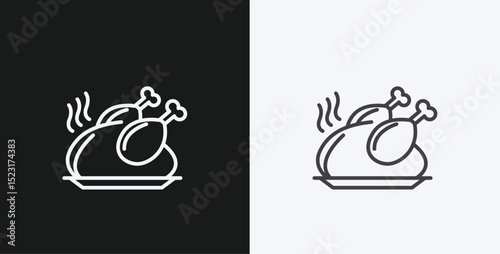 Steaming Roasted Whole Chicken or Turkey on a Platter with Drumsticks, Representing Food or Holiday Meal, White Outline Icon