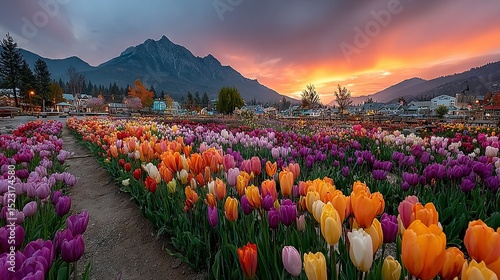   A vibrant field of tulips in foreground, surrounded by majestic mountains, bathed in golden sunset light beyond