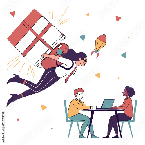 Flying woman with gift and books