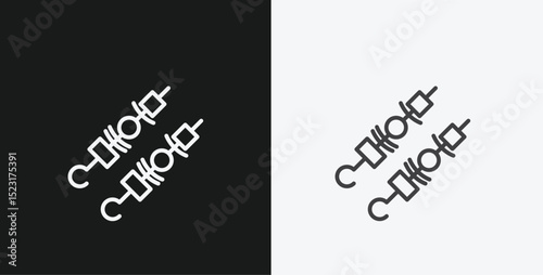 Two Meat Skewers or Kebabs on Black and White Backgrounds, Representing Grilled Food or BBQ, White Outline Icon