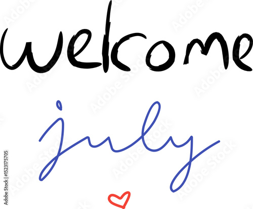 Stylish handwritten 'welcome July' with a small heart, ideal for seasonal or summer promotions and greeting cards.