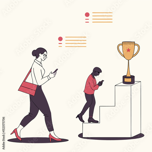 Progress and achievement people walking and climbing towards trophy