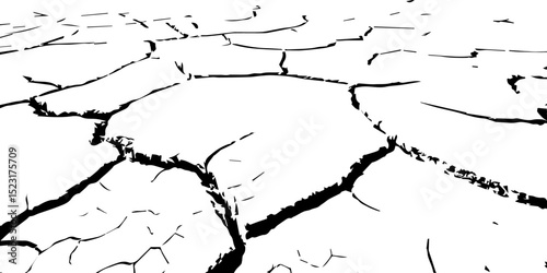 "Create an abstract pattern resembling a dry, barren landscape, with prominent black cracks against a bright white background, viewed from a slightly elevated perspective."