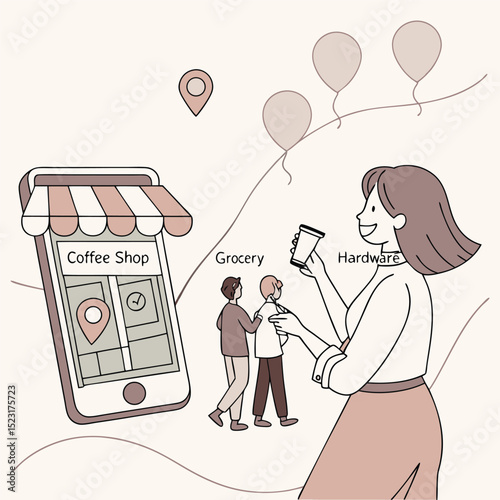 Smartphone app navigation finding coffee shops and groceries