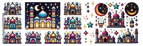 A set of pixel art style attributes of Eid with glowing mosques, stars, and crescent moons, bringing tradition into a retro digital world.
