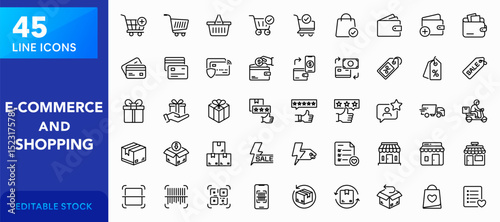 E-commerce and shopping line icon set. Online store, shopping cart, checkout, wallet, credit card, payment method, discount tag, gift box, product review, delivery, package, vector icon collection.