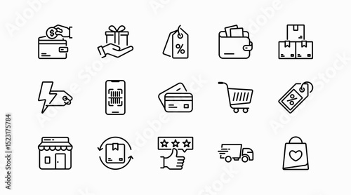 E-commerce and shopping line icon set. Online store, shopping cart, checkout, wallet, credit card, payment method, discount tag, gift box, product review, delivery, package, vector icon collection.