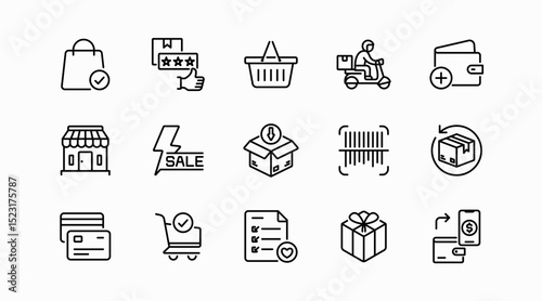 E-commerce and shopping line icon set. Online store, shopping cart, checkout, wallet, credit card, payment method, discount tag, gift box, product review, delivery, package, vector icon collection.