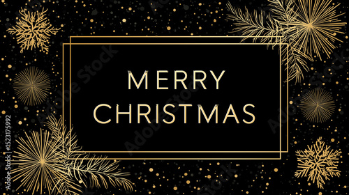luxury christmas banner with gold decorations and glitter on black background, elegant design with empty space for text in center, concept of holiday marketing, advertising, retail promotion