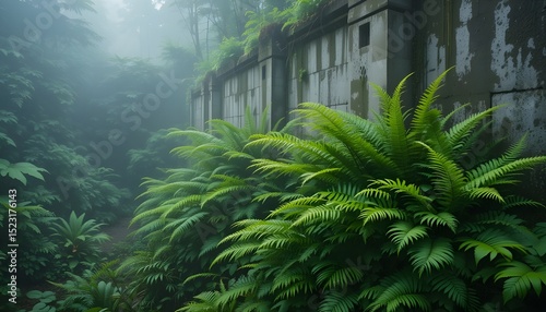 Misty, verdant tree ferns next to a weathered concrete wall