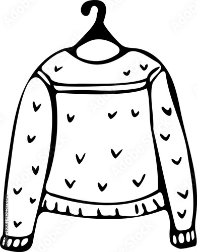 Winter sweater on hanger – cozy wool jumper illustration. Vector sketch style with warm woolen texture and seasonal charm.