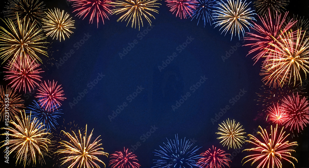 Fototapeta premium Colorful fireworks bursting in night sky against dark backdrop 