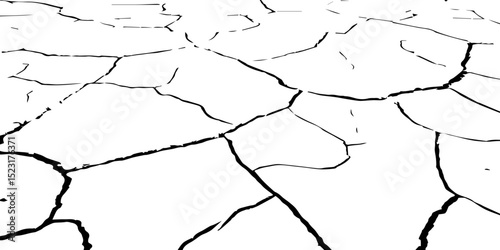 Generate a high-contrast image of a cracked white surface. The cracks should be dark and irregular, forming a network across the white background, resembling dried earth, cracked paint, 