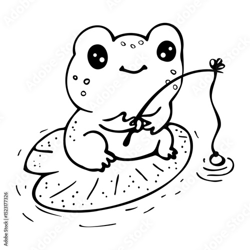 Cute frog with fishing rod outline cartoon coloring page. Fun black and white outline perfect for kids’ coloring pages, summer books, and nature-themed designs