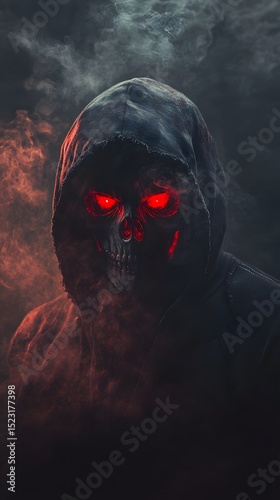 A hooded figure with a skull-like face in dramatic lighting.