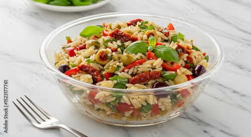 Orzo Pasta Salad with Sun Dried Tomatoes, Olives, and Basil - Healthy Mediterranean Meal