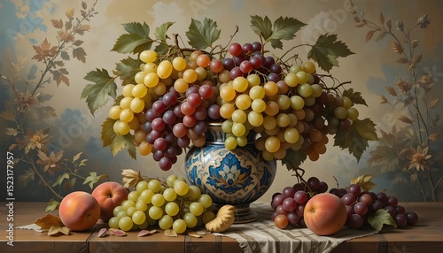 Beautiful Vase with a Still Life of Red and Green Grapes and Peaches
