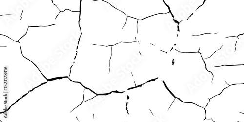 Generate a high-contrast, detailed image of a finely cracked white surface. The cracks should appear as thin, dark lines forming an intricate network across the white background, 