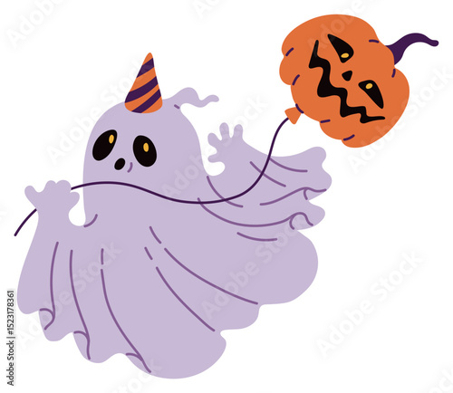 Cute ghost character with pumpkin balloon vector illustration