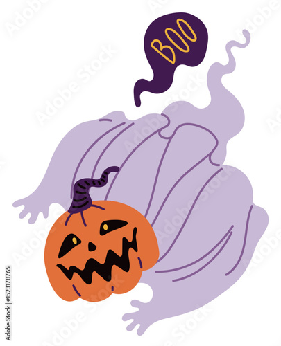 Cute ghost with pumpkin halloween vector illustration