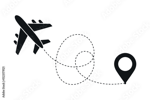 Airplane Flying to Destination with Dotted Line Path Representing Travel Tourism and Navigation on a Clean White Background for Creative Projects black airplane
