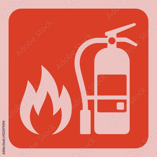 Simple Fire Safety Sign Depicting a Fire Extinguisher and Flames on a Red Square with Rounded Edges and a Light Pink Background red