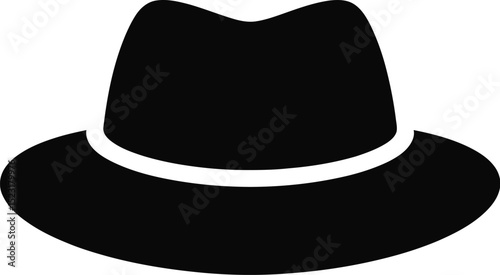 A black fedora hat with a white band on a white background in a flat style