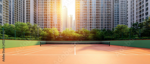 Empty Tennis Court In Urban Setting Under Sunny Daylight