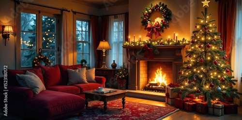 Cozy living room decorated for the holidays with a Christmas tree, fireplace mantel adorned with festive decor, and warm lighting creating a festive ambiance , stylish, hygge