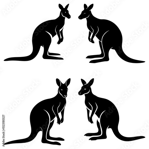 Four kangaroo silhouettes in black on a white background, two facing each other in top and bottom rows