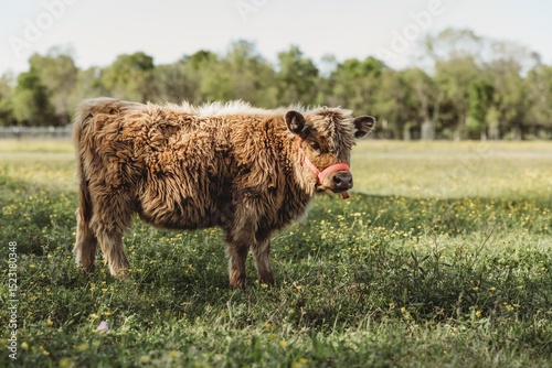 Close-up of a young Highland cow with a red halter peeking from behind another cow in a sunny green pasture.