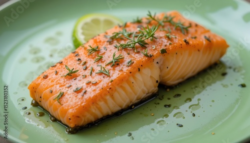 Salmon Fillet Baked on a Green Background with Dill and Lime Garnish