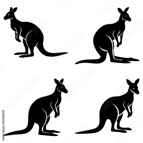 Four black kangaroo silhouettes in various poses against a white background illustration art image