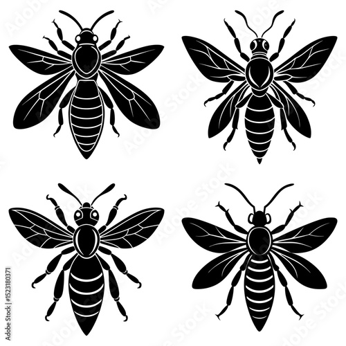 Four stylized black bees with detailed wings and bodies arranged on a white background design vector