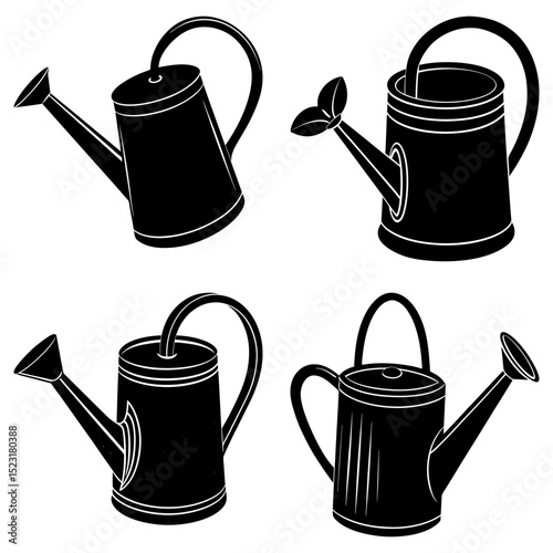 Illustration of four black watering cans with different spout and handle designs on a white background