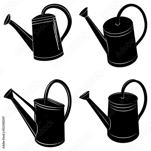 Four black watering cans with handles and spouts arranged on a white background in a pattern design
