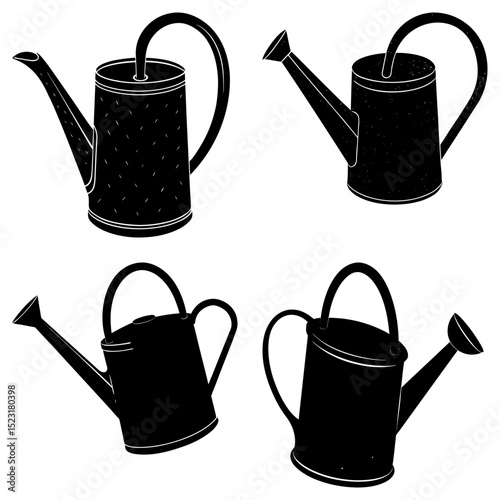 Four watering cans in black silhouette with different spout and handle designs on a white background
