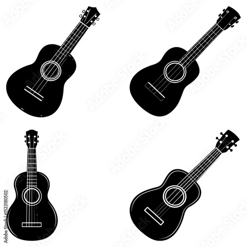 Collection of four black and white ukulele illustrations in varying orientations and designs displayed