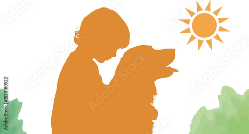 Silhouette of child hugging dog with sun in background on gradient sky