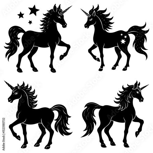 Four black silhouette unicorns in various poses with stars on a white background design element