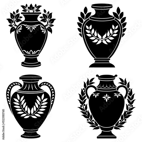 Four black silhouette vases adorned with leaves and floral patterns in a symmetrical arrangement