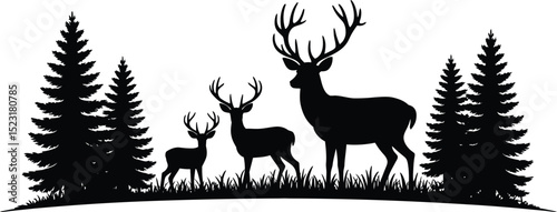 Silhouette of three deer standing in grass near pine trees on white background