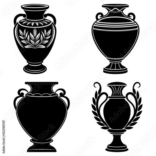 Four antique vases in black silhouette with varying designs and shapes on a white background image view