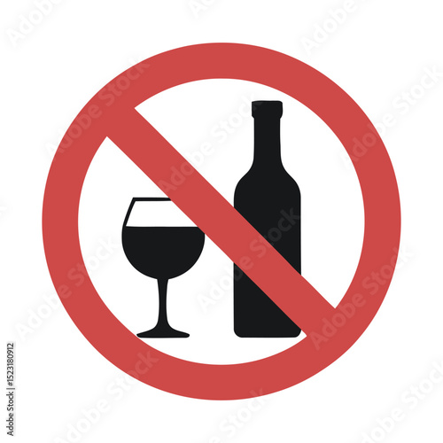 Prohibition Sign Featuring a Wine Bottle and Glass with a Red Circle and Diagonal Line Indicating No Alcohol Allowed or Drinking Prohibited red