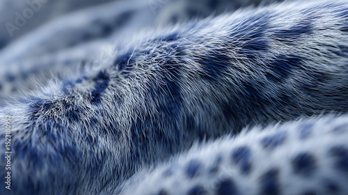 Close-up view of soft, luxurious blue and white faux fur fabric with a leopard print pattern, exhibiting a tactile texture and a captivating visual appeal.