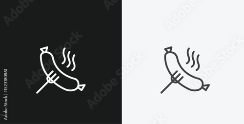 White Outline Icon Grilled Sausage on a Fork with Steam on Black and White Backgrounds, Representing Food or BBQ